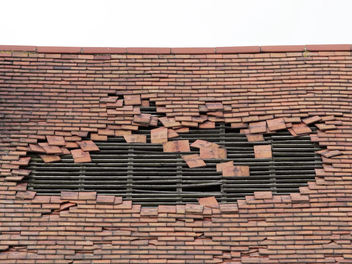 Close view of emergency roofers work in progress